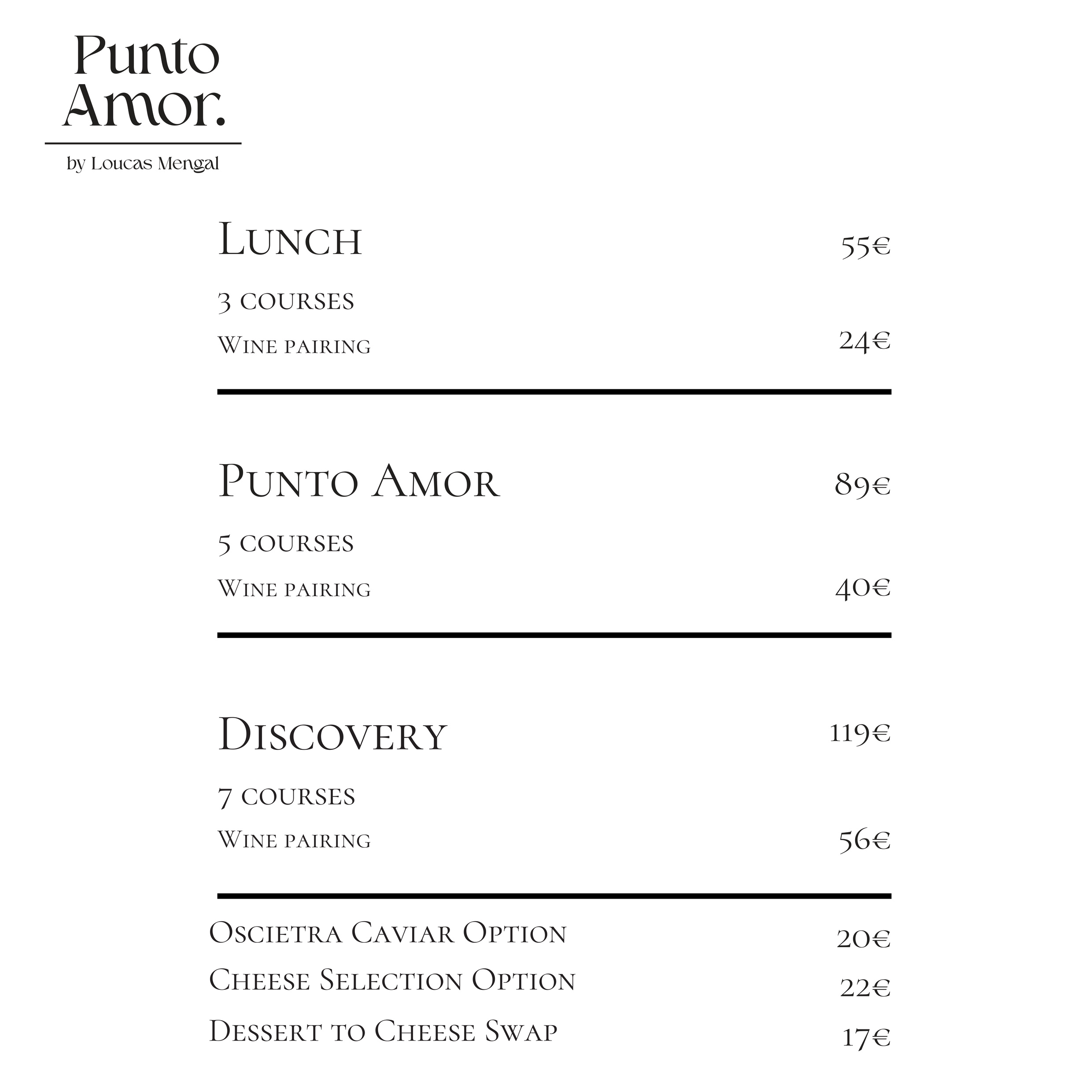 Punto Amor — set menus and prices, September 2026