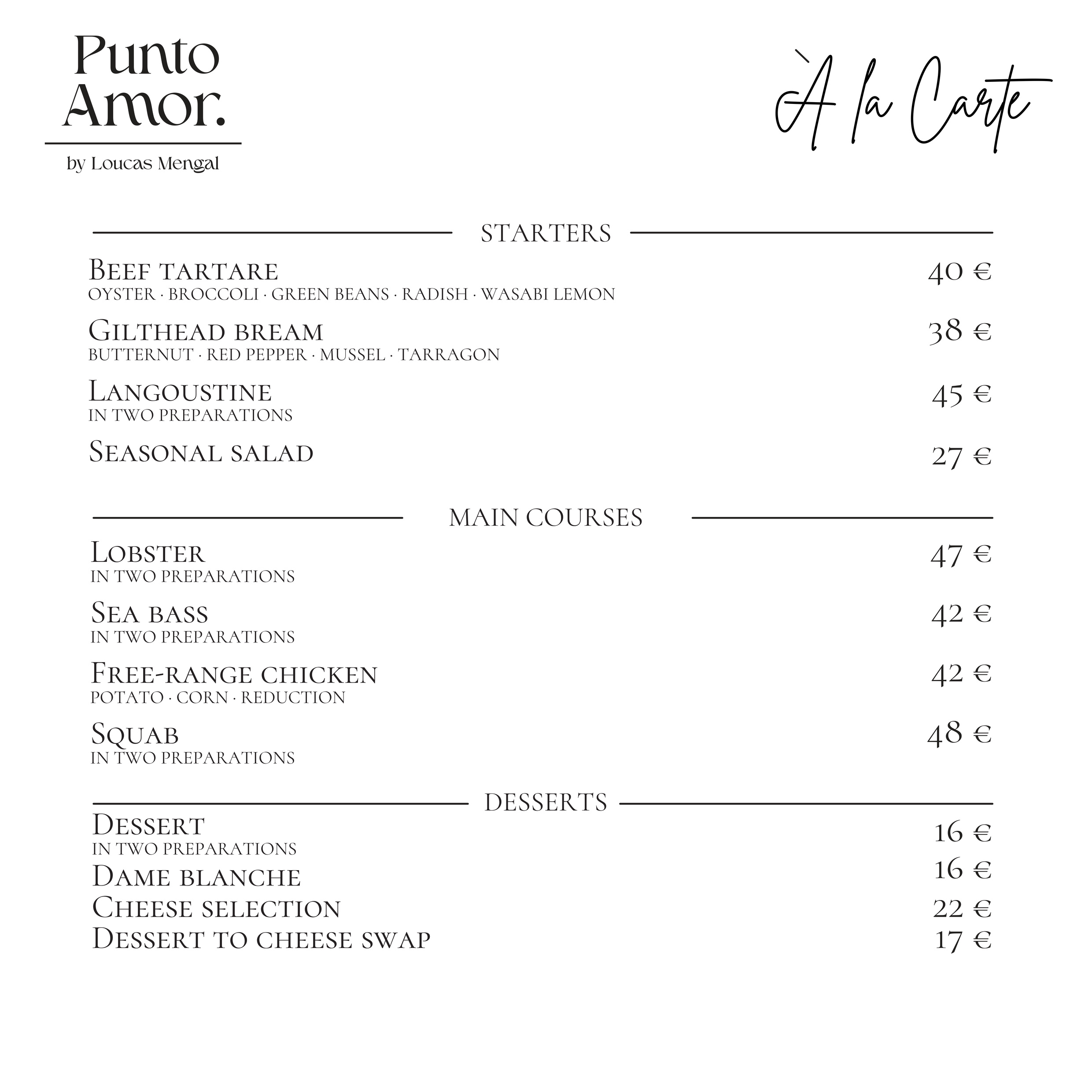 Punto Amor — à la carte dishes, September 2026
