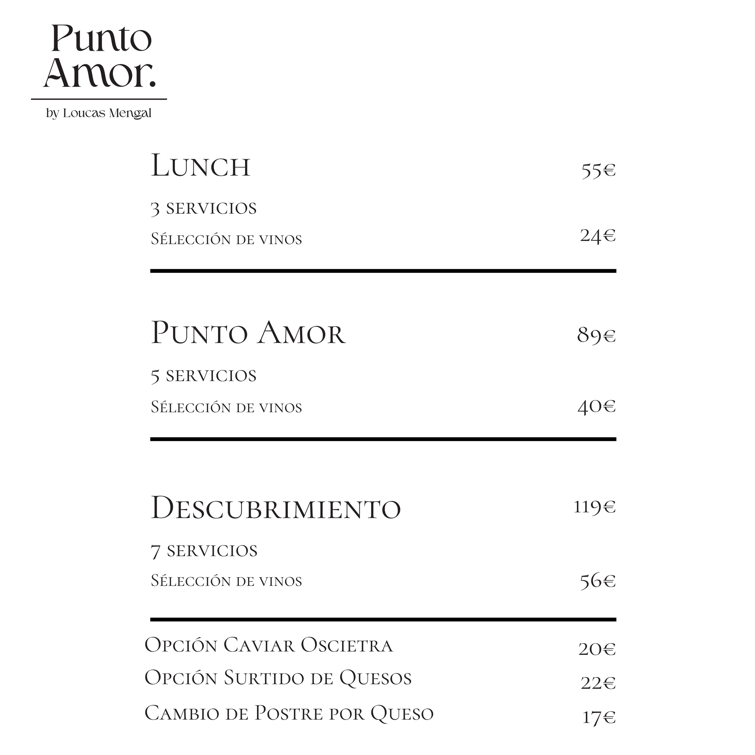 Punto Amor — menús y precios, carta septiembre 2026