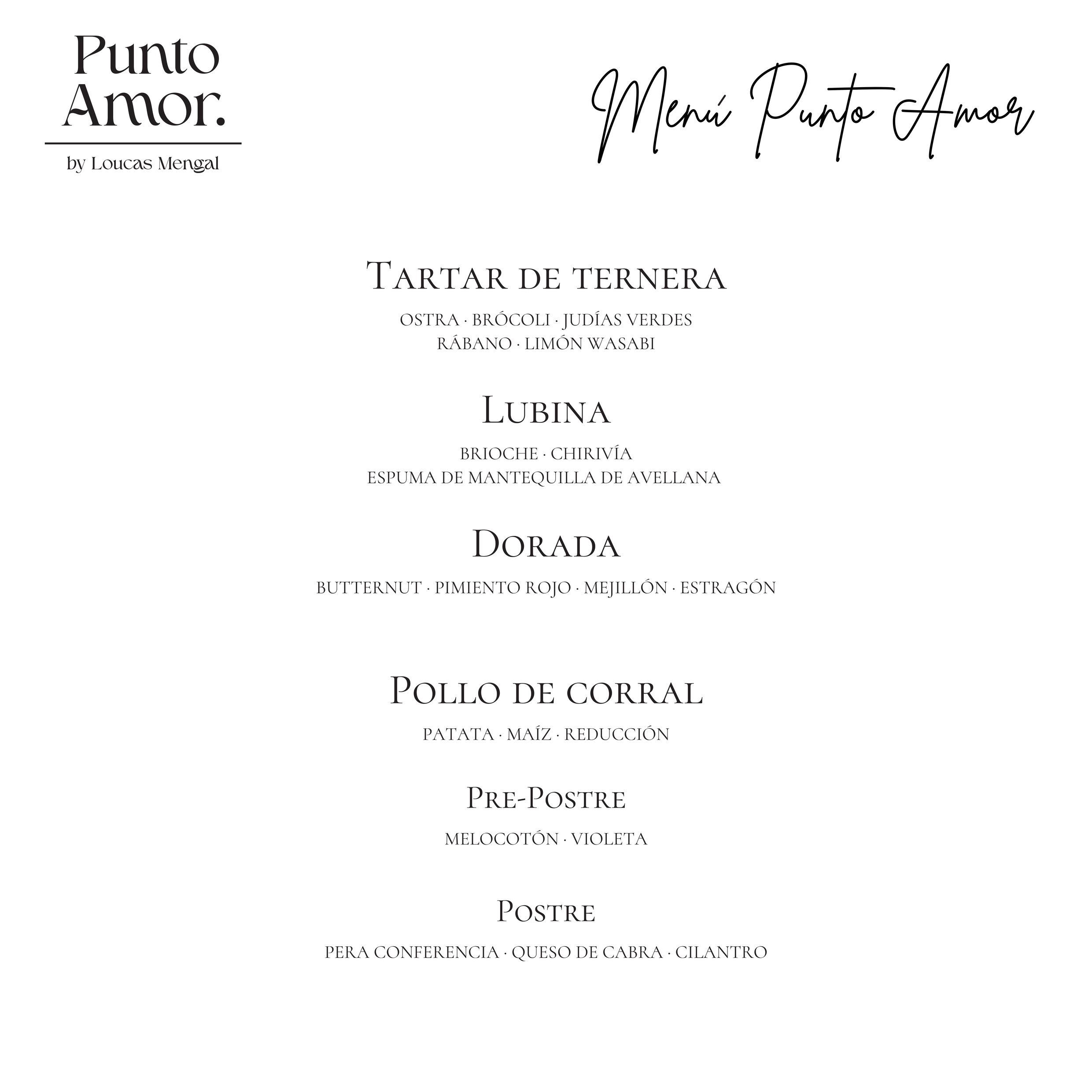 Punto Amor — menú degustación, carta septiembre 2026
