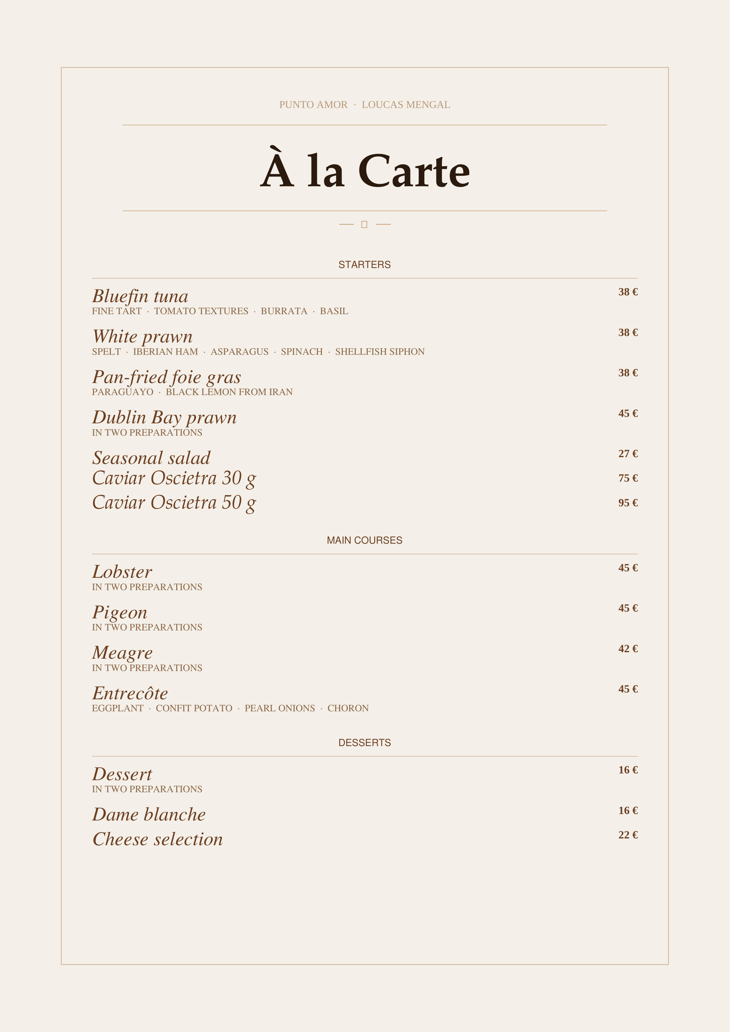 Menu — Starters, main courses and desserts