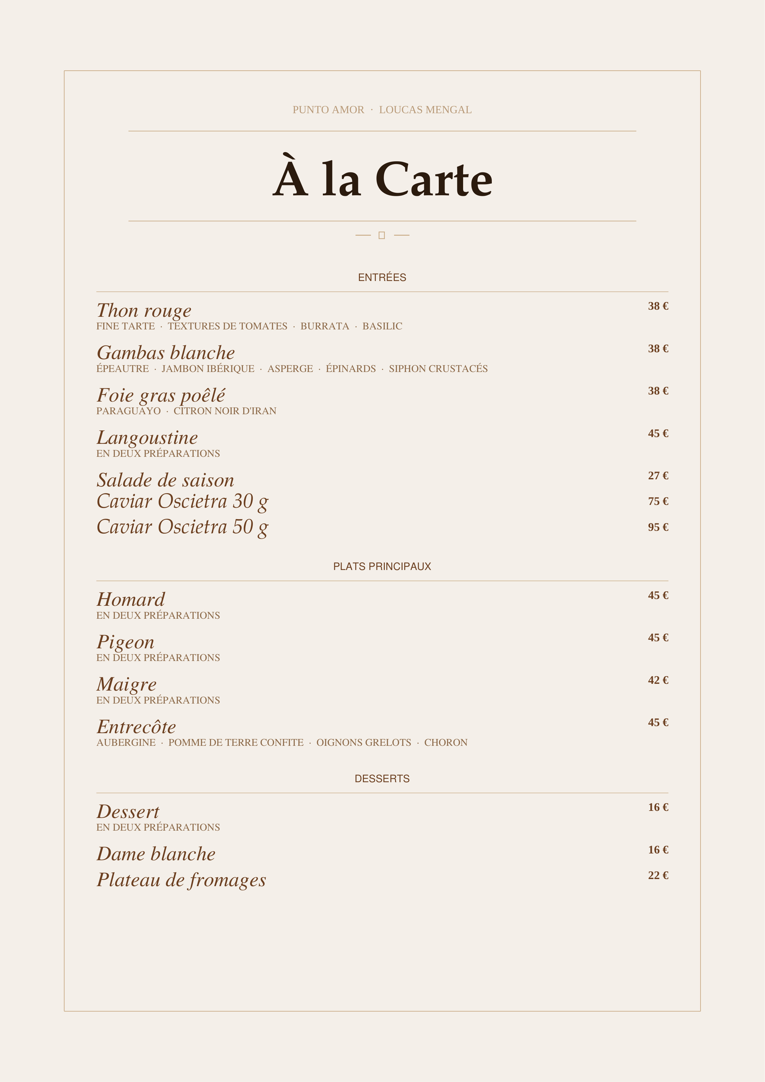 Carte — Entrées, plats principaux et desserts