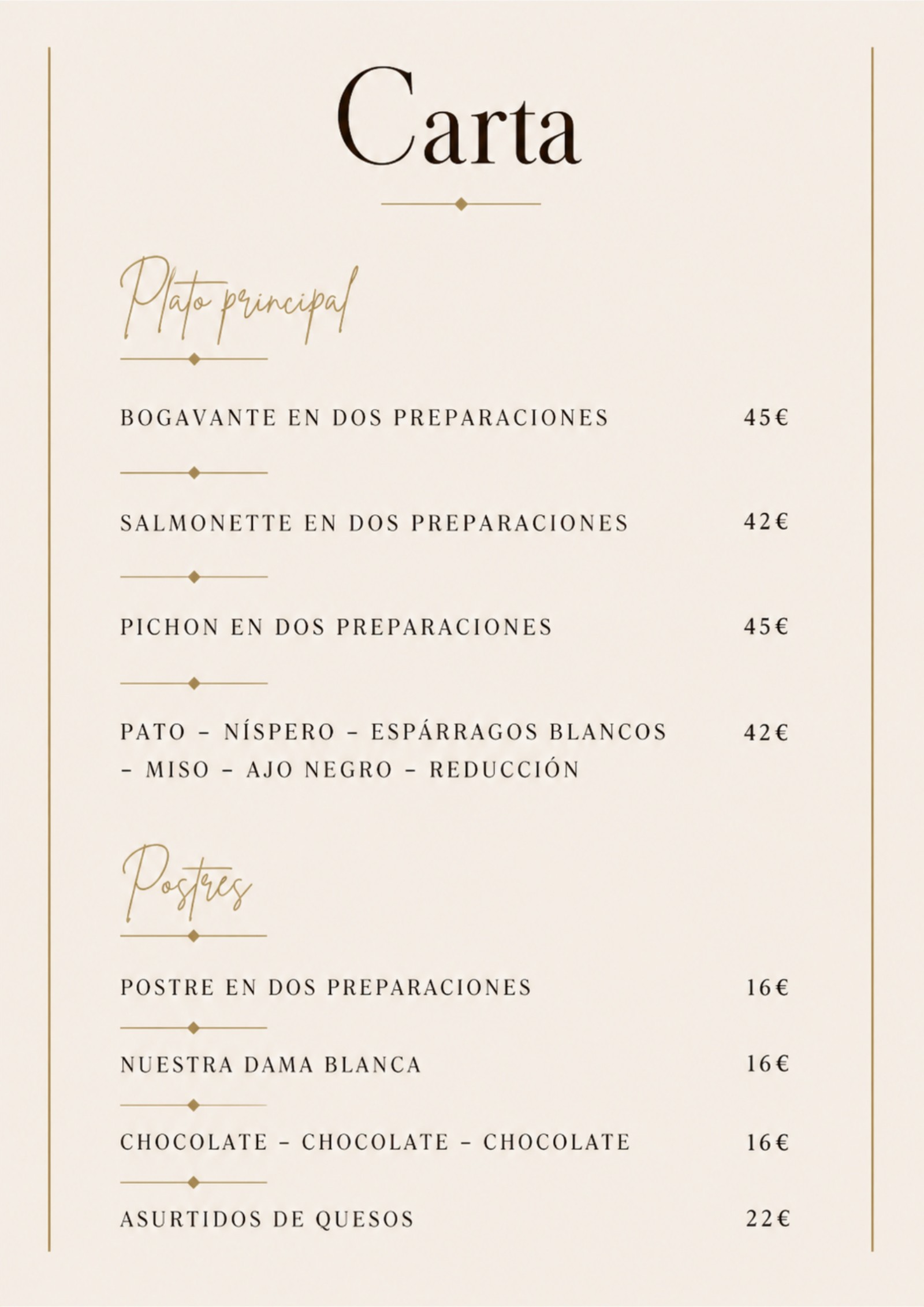 Carta — Plats principaux et desserts