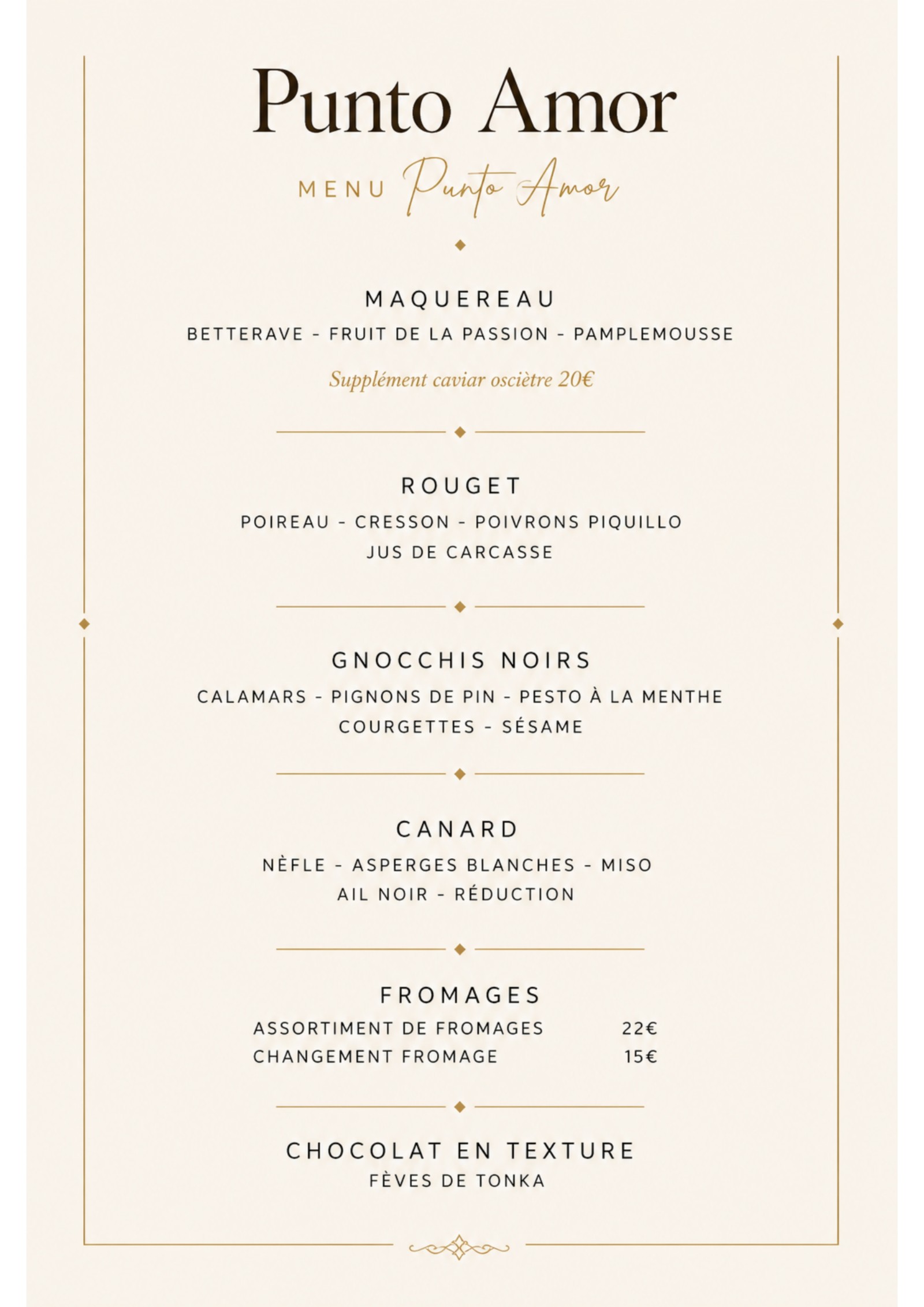 Menu Punto Amor — Carte française